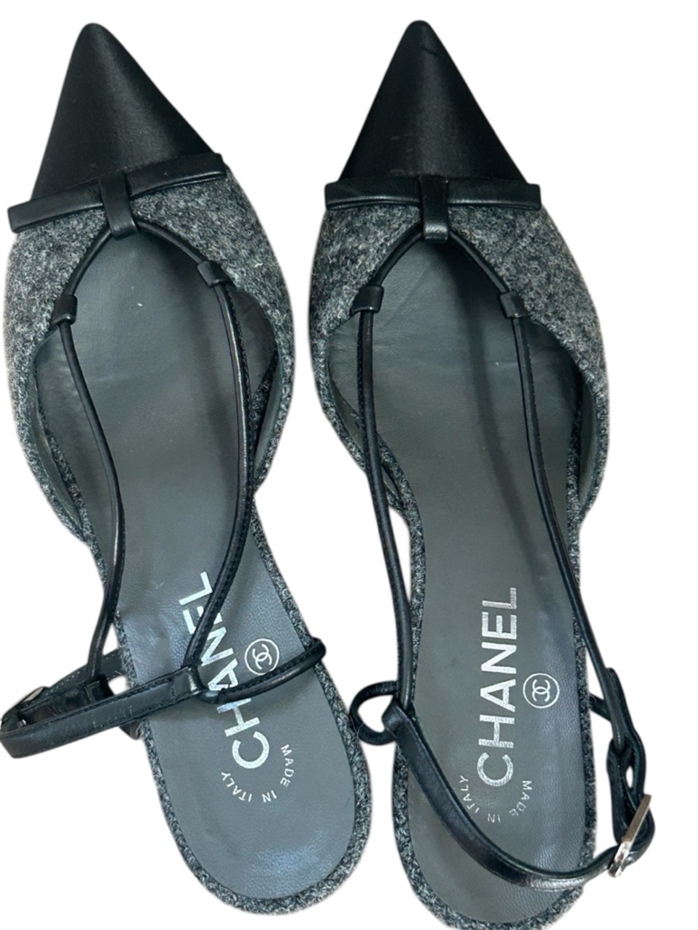 Vintage Chanel slingback cap toe pointy toe tweed gray and black heel 38.5 sz 8 - Picture 12 of 15